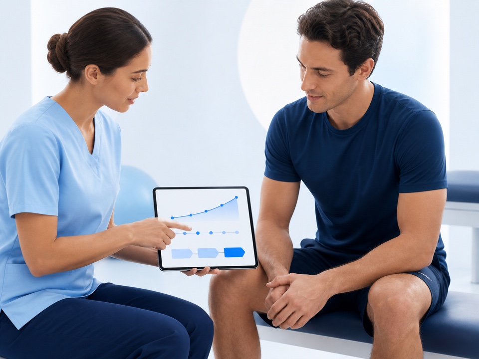 Clinician and patient reviewing progress to guide the next care decision
