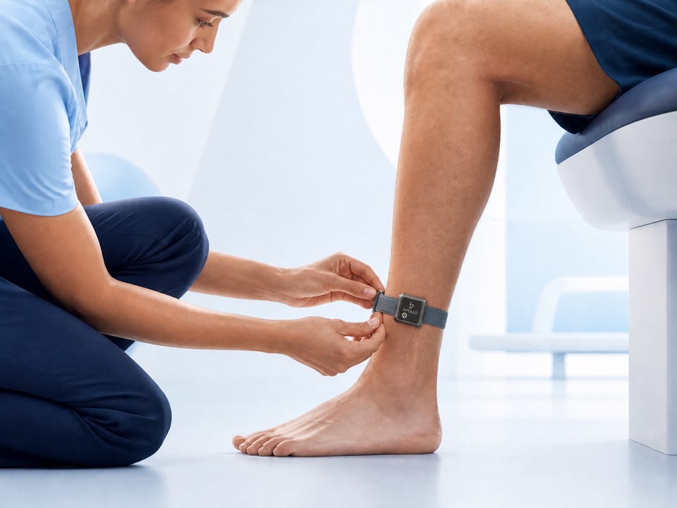Clinician fitting a wearable motion sensor to a rehabilitation patient